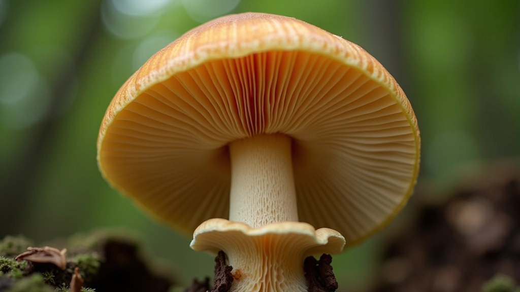 Grybo žiedo ir kojoje esančių ženklų artimas vaizdas, parodantis struktūrą