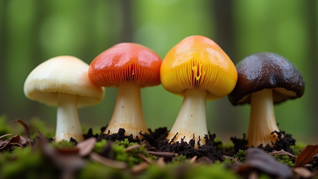 Keturi skirtingi grybai rodantys jų lapelių spalvas: balti, raudoni, gelsvi ir tamūs lapeliai