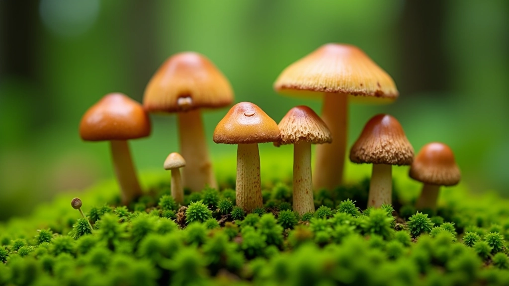Keletas skirtingų grybų rūšių ant žalios samano pagrindu