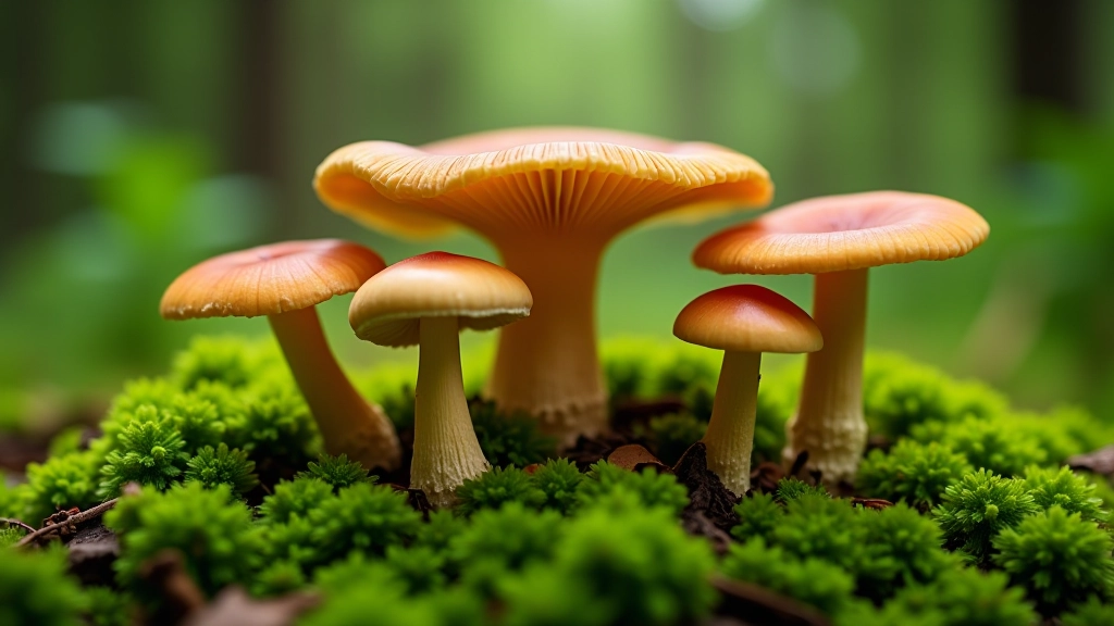 Keletas skirtingų grybų rūšių ant žalios samano pagrindu